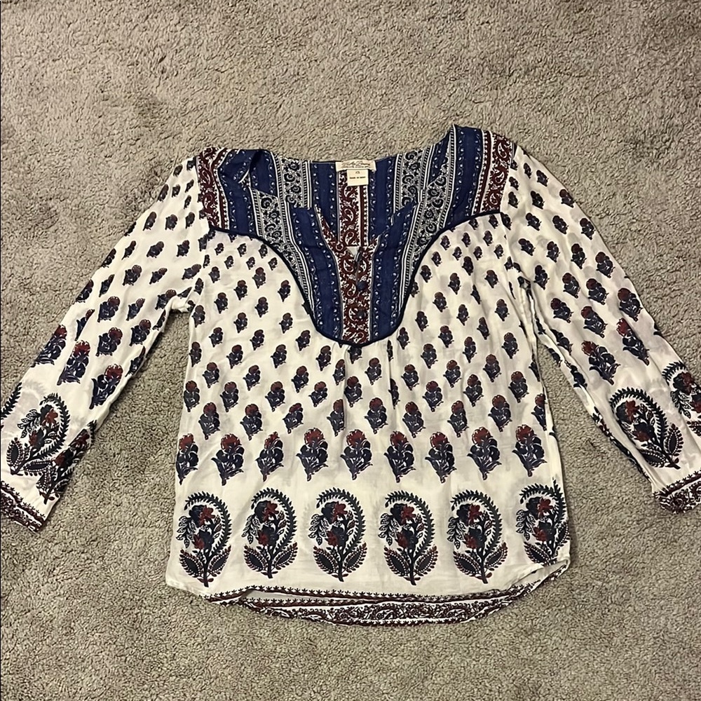 Bohemian Floral Print Women's Top - Blue and White